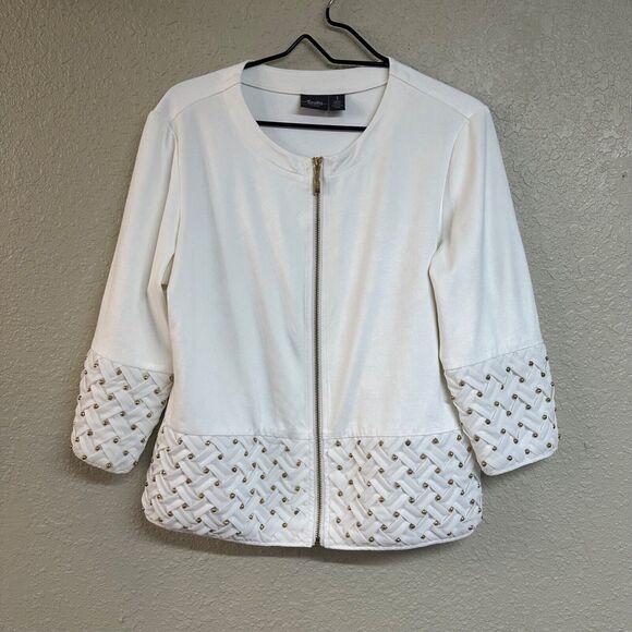 Chico's Travelers Mixed Media Collarless Faux Suede Jacket Size 1/M/8 White Gold - Picture 3 of 7